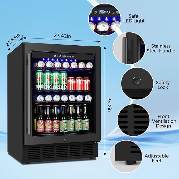 24 Inch Wide Beverage Refrigerator, Under Counter 24" Beverage Cooler with Glass Door, 180 Cans Drink Fridge Built-in/Freestanding Beer Fridge with Powerful Cooling for Home/Kitchen, Black