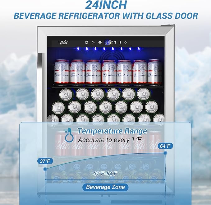 24'' Beverage Refrigerator Cooler,168 Cans Beverage and Beer Fridge with Glass Door, Built-in/Freestanding Drink Fridge for Kitchen, Bar or Office, Stainless Steel Silver