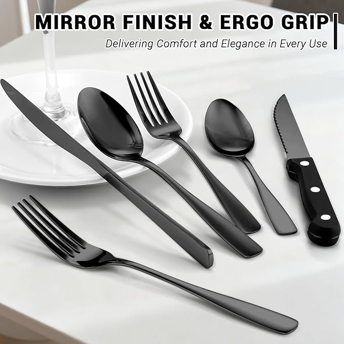 BEWOS 72-Pieces Black Silverware Set for 12 - Stainless Steel Flatware Set with Mirror Polish, Black Silverware Set Including Steak Knives, Forks and Spoons, Dishwasher Safe for Restaurant