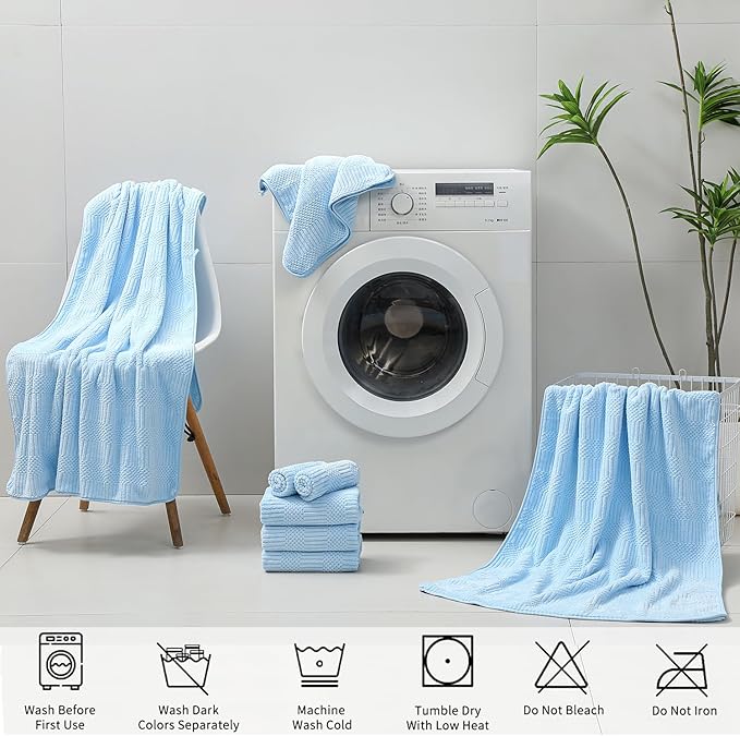 18 Pcs Blue Woven Family Towels Set-6 Bath Sheets,6 Hand Towels,6 Washcloths Soft Microfiber Towels Absorbent Shower Towel Quick Dry Beach Chair Towel Lint Less Towels Set for Bathroom Spa Gym Hotel