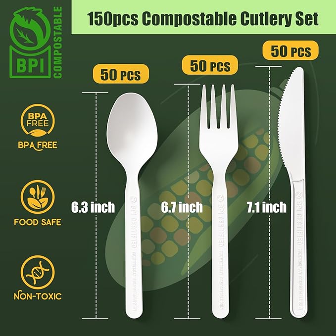Gezond 150 Count 100% Compostable Cutlery Set, Forks Spoons Knives PLA Disposable Cutlery Set, No Plastic Biodegradable Eco-Friendly Utensils Suitable for Party Picnic Office Everyday Use