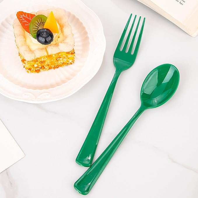 WDF 160 Pcs Green Plastic Silverware - Heavy Duty Christmas Silverware Includes 80Forks, 40Spoons, 40Knives, Green Plastic Utensils Perfect for Christmas Party or Daily Using