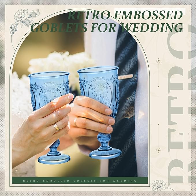 24 Pcs Plastic Goblets 7.5oz Vintage Goblet Plastic Wine Glasses Colored Retro Embossed Water Goblets for Wine Bar Juice Baby Shower Wedding Reception Grand Event Party (Royal Blue)