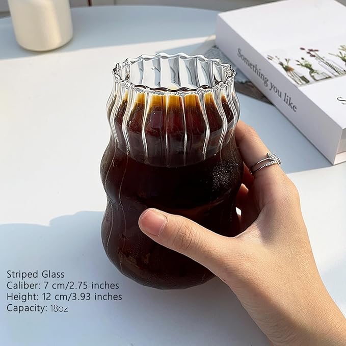 Ribbed Glass Cup 18 Oz Vintage Drinking Glassware Creative Ripple Glasses for Iced Coffee Juice Beverage Milk Cocktail Cute Wavy Glass Cups