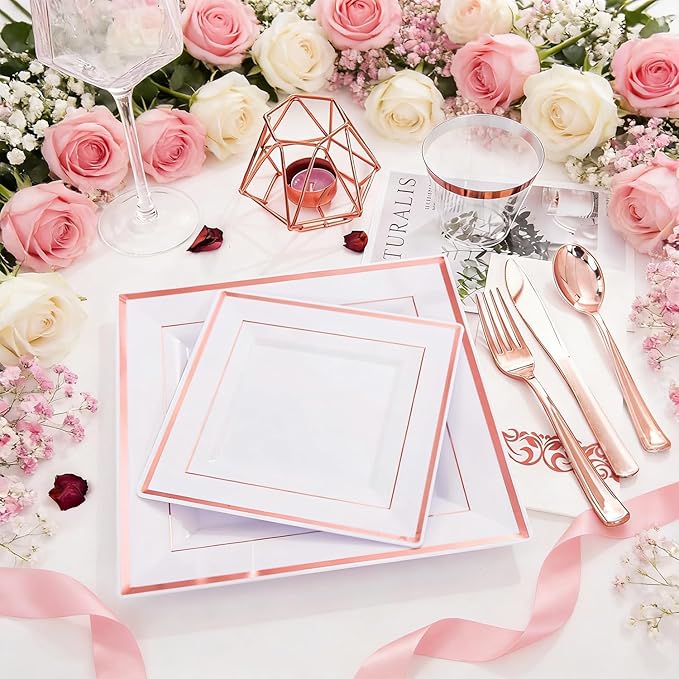 WDF 300 Pieces Rose Gold Plastic Silverware- Disposable Flatware Set - Heavy Duty Plastic Cutlery Includes 100 Forks, 100 Spoons, 100 Knives Perfect for Valentines day, Wedding, Party