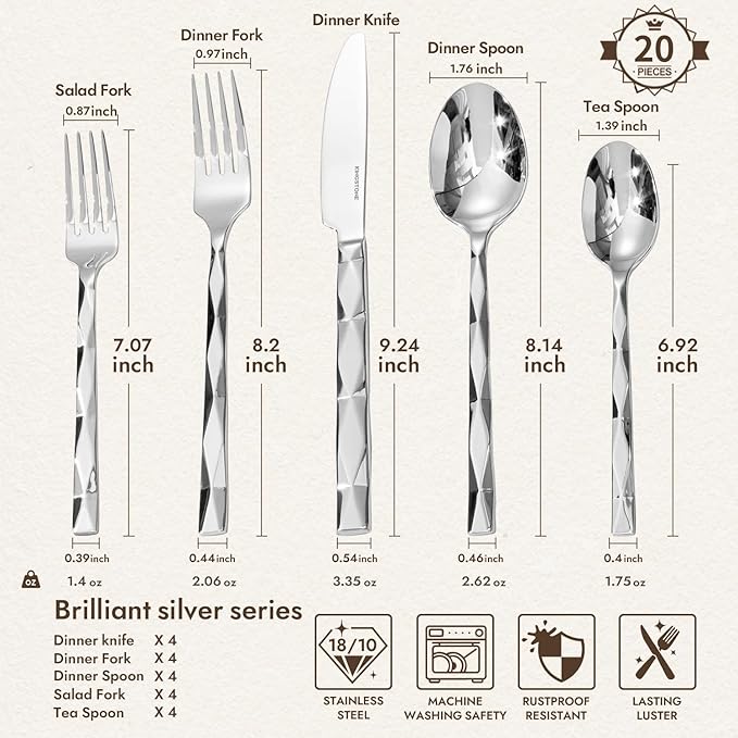 KINGSTONE Silverware Set, Luxury 20 Piece Flatware Set for 4, 18/10 Stainless Steel Cutlery Set with Diamond Cut Pattern for Kitchen, Home, Wedding, Party, Mirror Polished and Dishwasher Safe