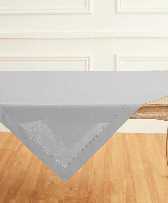 Solino Home Soft Grey Linen Tablecloth 52 x 52 Inch - 100% Pure Linen Square Table Throw - Classic Hemstitch, Machine Washable Table Cloth for Winter, New Year