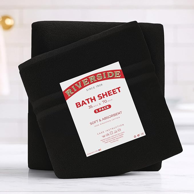 RIVERSIDE Pack of 2 Extra Large Bath Sheets 35 x 70 Inches - 100% Ring Spun Cotton Hotel Quality Oversized Bath Towels - Super Soft, Highly Absorbent & Quicker to Dry - Black