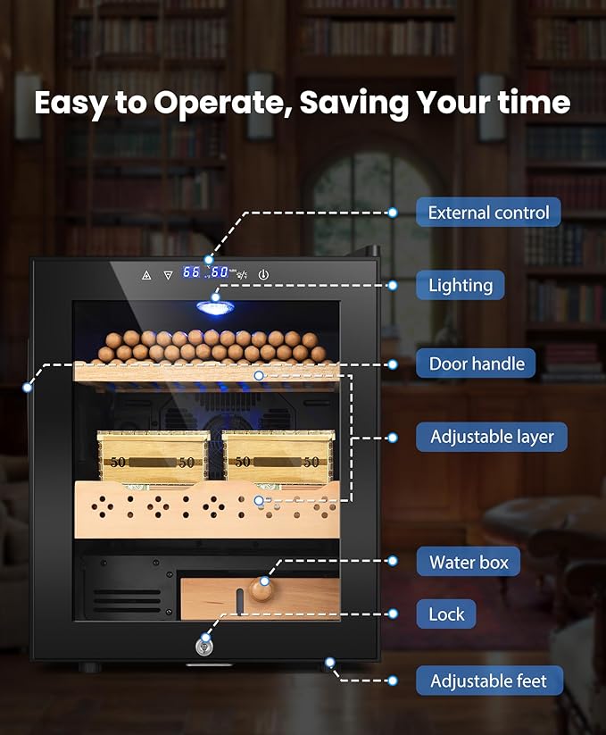 Electric Cooler Cabinet Desktop Cabinet 50L with Professional Temperature and Humidity Digit Control System Spanish Wood Shelves 350 Capacity for Home Office Gift