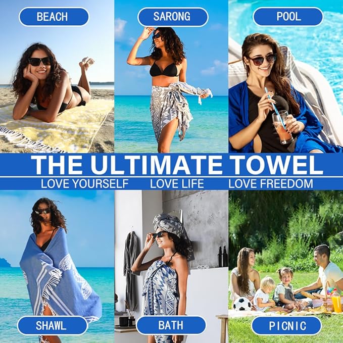 2 Pack Turkish Beach Towel Quick Dry Absorbent Cotton Lightweight Thin Bathroom Bath Pool Swim Towels Extra Large Oversized Sand Free Beach Accessories Essentials Stuff Cloud Adults Gift