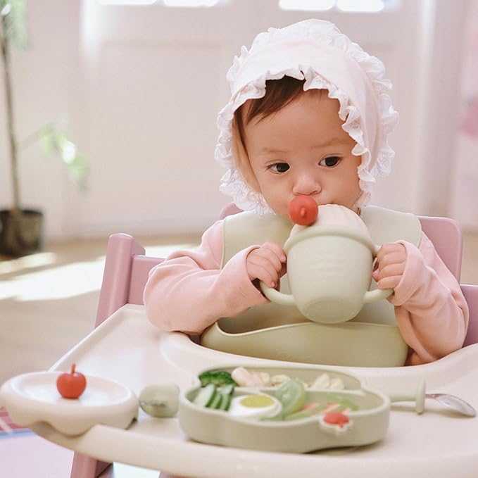 Silicone Baby Feeding Set, Gelato Collection Baby Led Weaning Supplies, First Self-Feeding Set with Suction Bowl & Plate, Sippy Cup & Bib, Fork & Spoon - Green