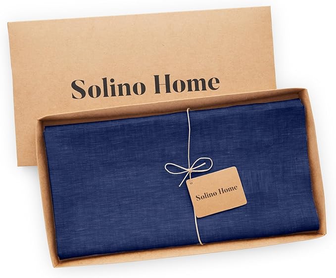 Solino Home Royal Blue Linen Tablecloth 52 x 52 Inch - 100% Pure Linen Square Table Throw - Athena, Machine Washable Tablecloth for Christmas, New Year