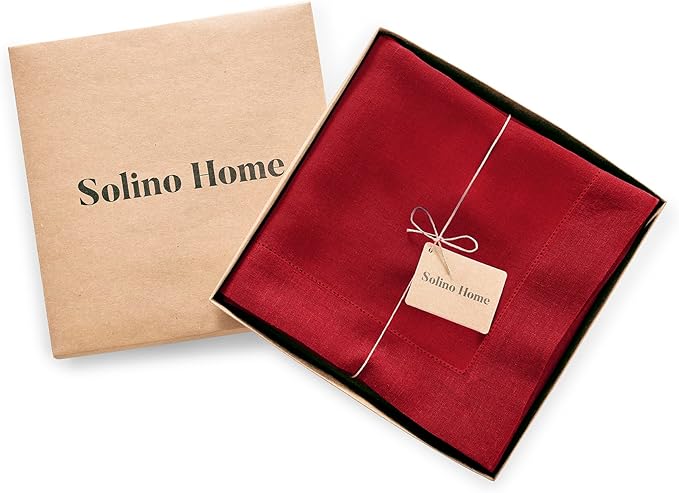 Solino Home Linen Red Tablecloth 70 x 144 Inch - Sonoma Hemstitch, 100% Pure Linen Rectangular Tablecloth - Machine Washable Table Cloth for Valentines, Holiday, Winter, New Year