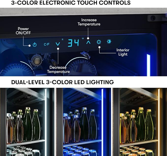 Zephyr Presrv 15" Slim Wine Fridge & Beverage Refrigerator Single Zone Under Counter - Narrow Mini Wine Cooler Small Beer Cabinet Drink Chiller Freestanding with Glass Door, 4 bottles, 64 cans