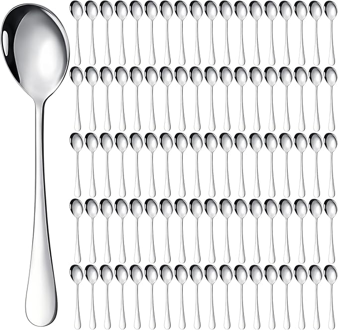 Nuogo 100 Pieces Soup Spoons Set Stainless Steel Spoons Silverware Dessert Dinnerware Bulk Metal Dinner Dinnerware Mirror Polished Tablespoon for Home Restaurant Kitchen Dishwasher Safe