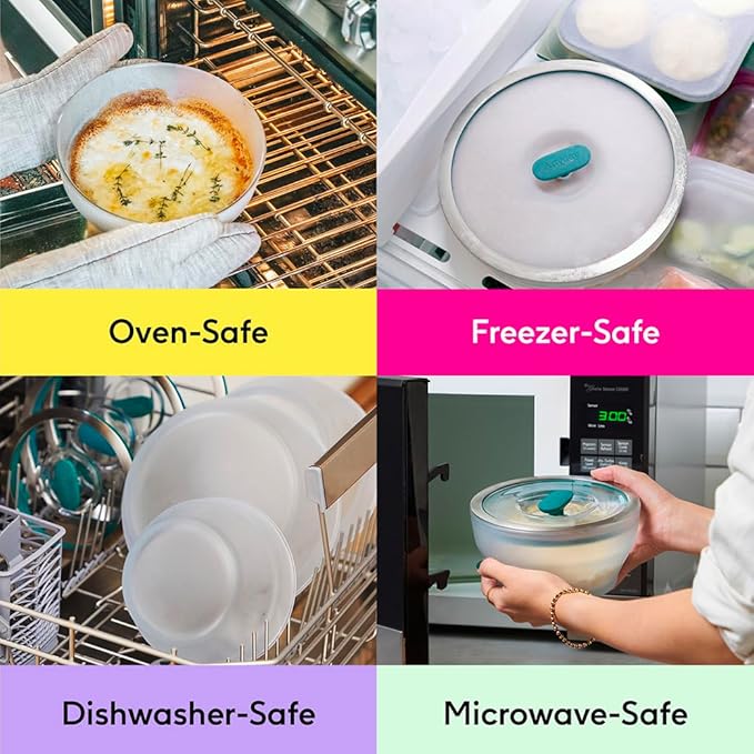 Anyday 4-Cup Glass Food Storage with Glass Lid, Round Deep Dish | Plastic-Free Meal Prep & Microwave Cookware | Stackable Airtight Storage Container with Vented Lid for Microwave-Safe Reheating