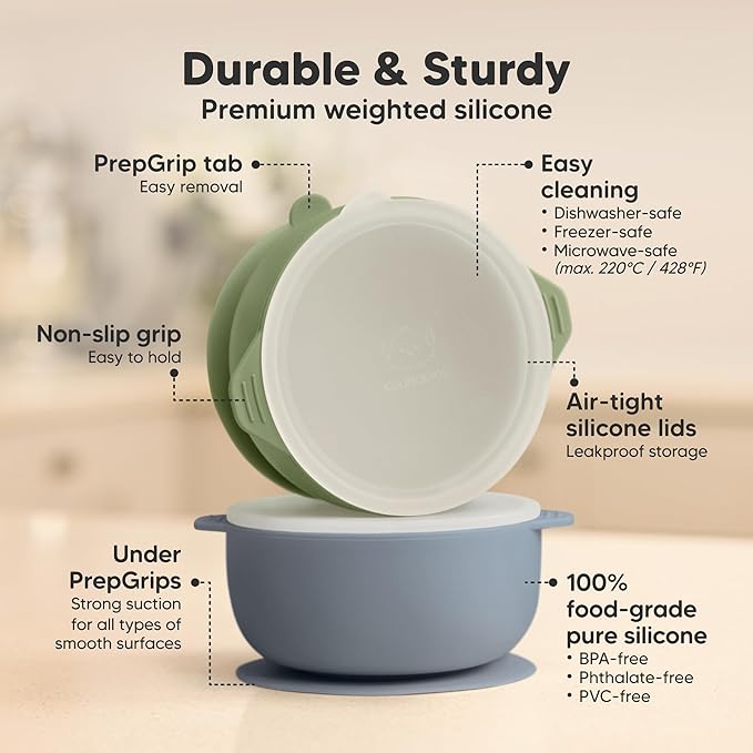 KeaBabies 2-Pack Baby Bowls with Suctions, Lids - Silicone Toddler Suction Bowls for Baby Boy, Girl, Kids, Food Grade Silicone, BPA-Free, Dishwasher Safe, Toddler Eating Essentials (Slate)