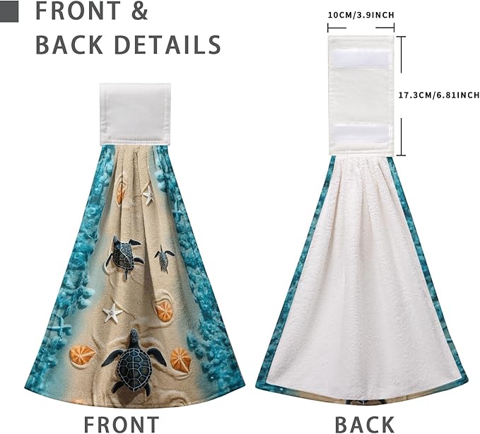 Sea Turtle Hanging Kitchen Towels Summer Ocean Tie Towels Beach Tortoise Hanging Hand Towel Nautical Seashell Hand Towel with Loop Coastal for Bathroom Set of 2 Home Decor 17x12