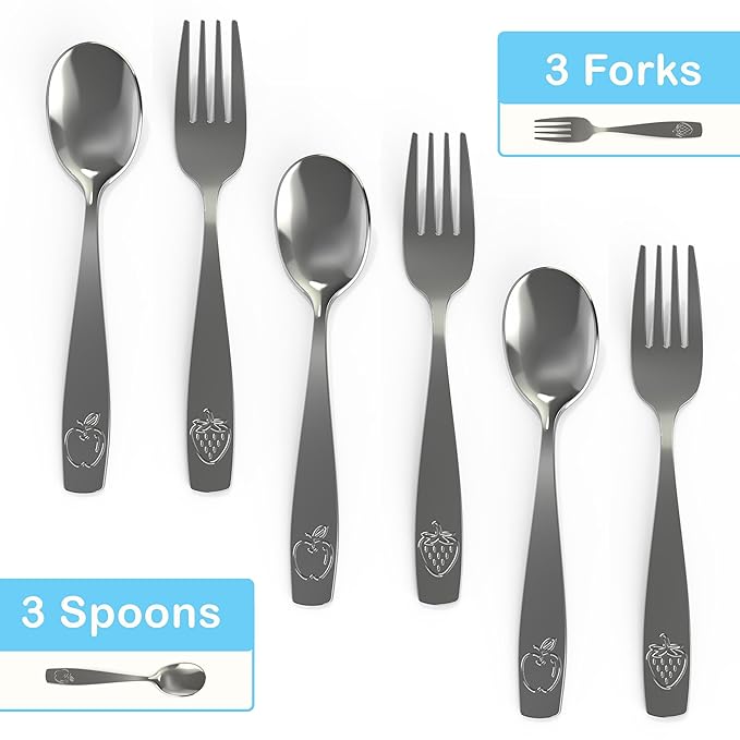 CHILLOUT LIFE Stainless Steel Kids Silverware Set 6 Pieces - Child and Toddler Safe Flatware - Kids Utensil Set - Metal Kids Cutlery Set (Includes 3 Small Kids Spoons & Kids 3 Forks)