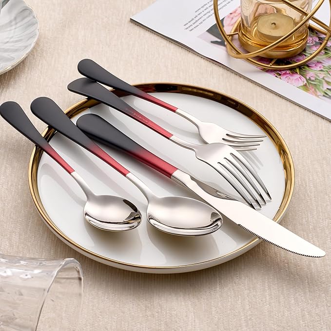 20-Piece Black Red Silverware Set 18/0 Stainless Steel Silverware Set Black Red Handle Cutlery Set Service for 4 Dinner Knives Forks Spoons Set Flatware Set Finish Dishwasher Safe