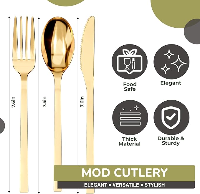 Gold Plastic Silverware Set Gold Silverware Disposable Forks and Spoons Disposable 360 Pack Plastic Utensils Set Includes 3 x 120 each Knives & Spoons & Forks For Parties and Events by Trendables