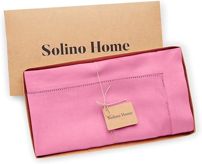 Solino Home Linen Tablecloth for Rectangle Tables 60 x 120 Inch - Classic Hemstitch 100% Pure Linen Flamingo Pink Table Cloth - Machine Washable Cloth Tablecloth for Valentines