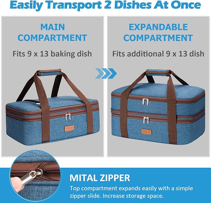 LHZK Double Decker Insulated Casserole Carrier for Hot or Cold Food, Expandable Hot Food Carrier, Lasagna Holder Tote for Potluck Parties, Picnic, Beach, Fits 11 x 15 or 9 x 13 Baking Dish (Blue)