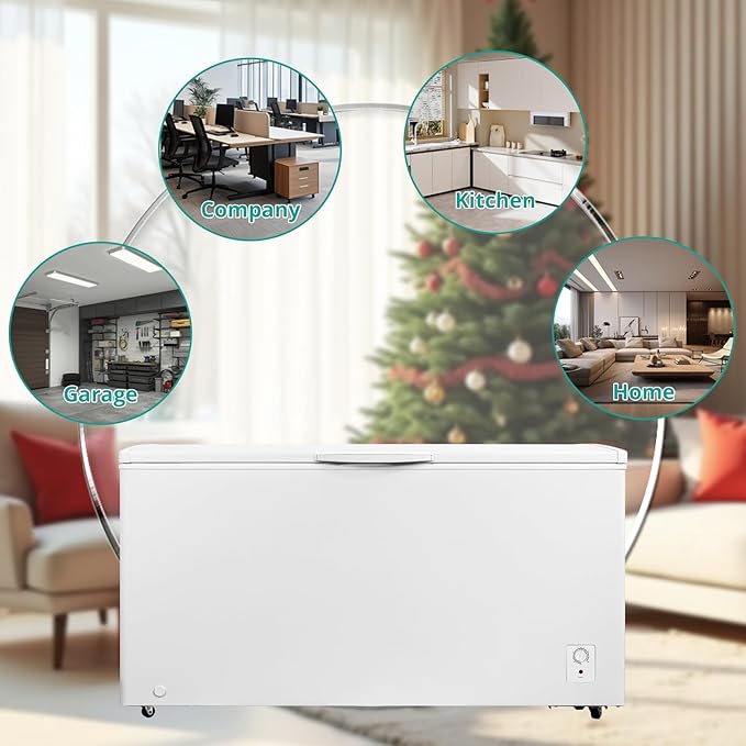 Deep Chest Freezer 14 Cubic Feet, Freezer Chest Garage Ready, 4 Wheels Large Storage Chest Freezer with 1 Basket, Low Noise, Energy Saving, Thermostat Control for Home, Office, Kitchen, White