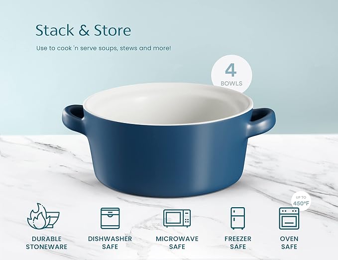 Kook Soup Crocks, Ceramic Stackable Bowls, Broil, Oven, Microwave and Dishwasher Safe, with Handles, For Casserole, Pasta, Cereal, Capacity 18 oz, Set of 4, (Matte Blue)