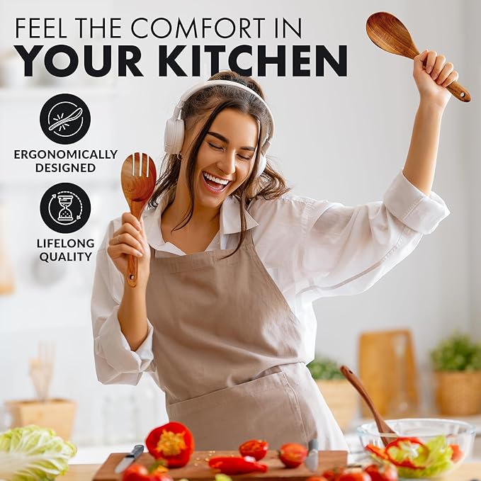 Zulay Kitchen 12-Piece Teak Wooden Utensils for Cooking - Natural Teak Utensil Set with Premium Gift Box - Non-Stick Wooden Spoons for Cooking - Kitchen Gift Set - Comfortable Grip Wooden Utensil Set