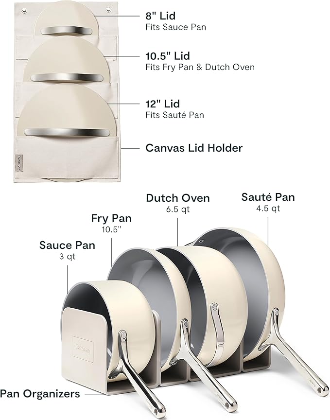 Caraway Non-stick Ceramic Cookware Set (12 Piece) Pots, Pans, Lids and Kitchen Storage - PFAS & PFOA Free - Oven Safe Pan Set & Compatible with All Stovetops - Cream
