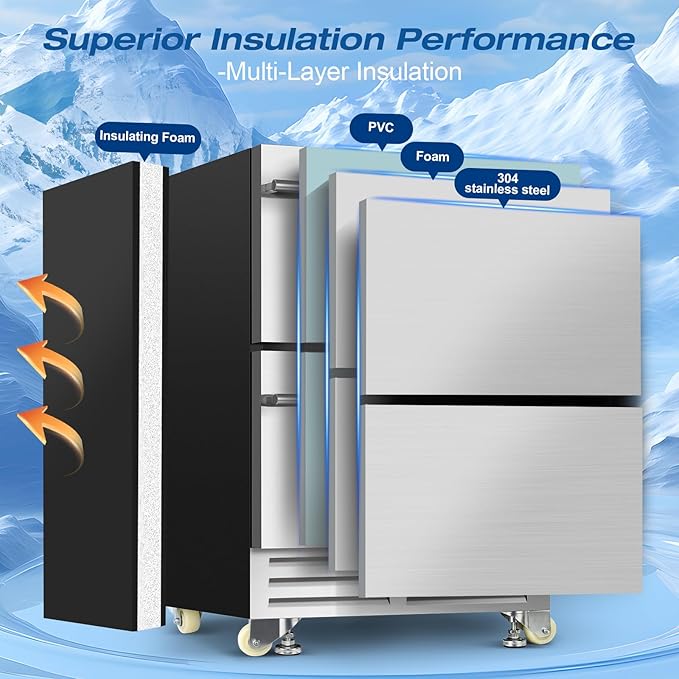 24 Inch Dual Drawer Fridge Under Counter with Wheels, Outdoor Beverage Refrigerator for Patio, Stainless Steel Weather-Proof, Freestanding or Built-In Installation, Ideal for Home and Commercial Use