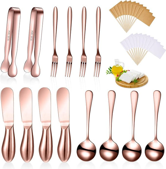 14 Pieces Charcuterie Board Accessories Cheese Spreader Knives Set Stainless Steel Charcuterie Utensils Spreader Knives Mini Serving Tongs Spoons and Forks for Cheese and Pastry Making (Rose Gold)