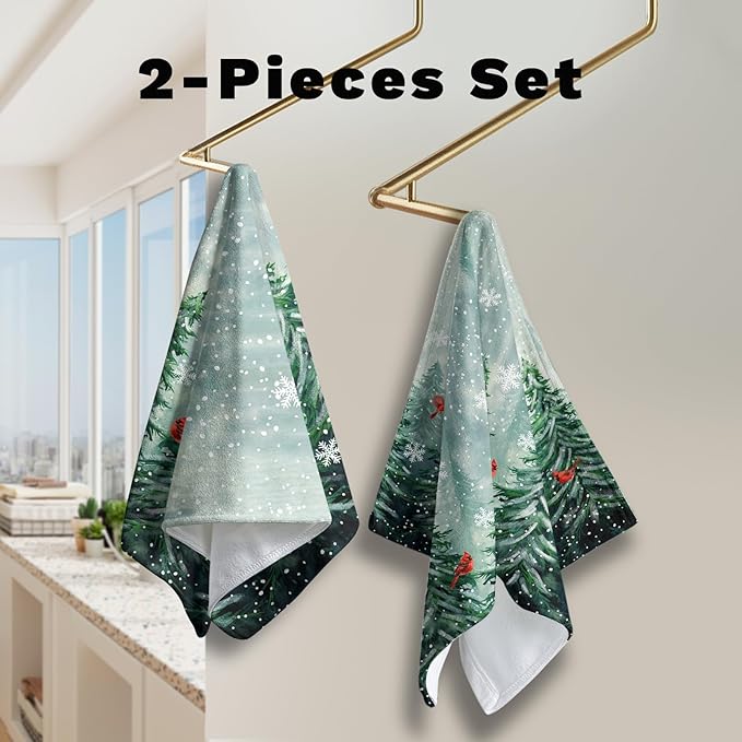 Winter Forest Hand Towels for Bathroom Pine Tree Cardinal Kitchen Towel Snowflakes Home Decor Dish Towels Farmhouse Soft Absorbent for Holiday Xmas Kitchen