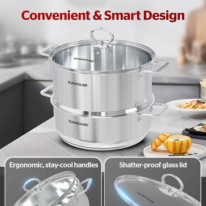 SUNHOUSE 2-Tier Stainless Steel Steamer Pot with Lid - Larger 5.5 QT Steamer & 3.8 QT Stockpot Base - Induction Ready, Compatible with All Cooktops - Multipurpose for Vegetables & Dumplings