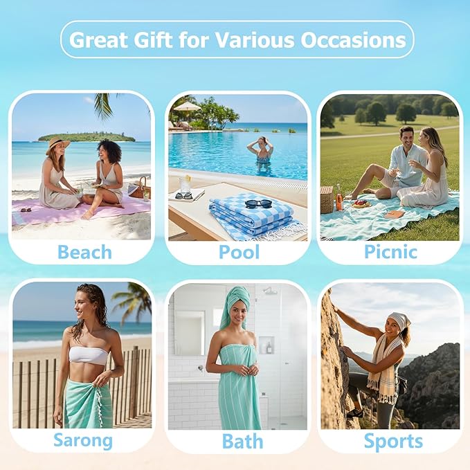 4 Pack Cotton Turkish Beach Towel Lightweight Thin Travel Vacation Essentials Oversized XL Towels Set for Pool Swim Bath Camping Cruise Accessories Absorbent Quick Dry Sand Free Bulk clearance Blanket