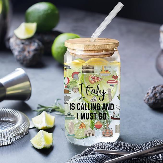 Italy Travel Essentials - Cute Glass Cup with Lids and Straws, 16 Oz Tumbler for Women's Birthday, Christmas, Travel Gifts