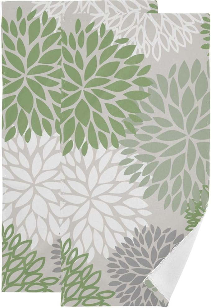 Sage Green Dahlia Hand Towels for Bathroom Set of 2,Absorbent Microfiber Abstract Floral Elegant Kitchen Towels 14"x28",Decorative Modern Flower Bathroom Towels for Bath,Guest,Face,Shower
