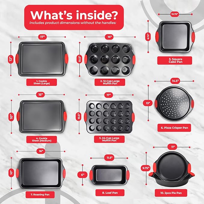 PERLLI Non-Stick 10-Piece Baking Pan Set, BPA-Free Carbon Steel Bakeware Set with Silicone Handles, Stackable Kitchen Oven Set, Cookie Sheet, Baking Tray, Baking Sheet Set, Oven Safe (446°F)