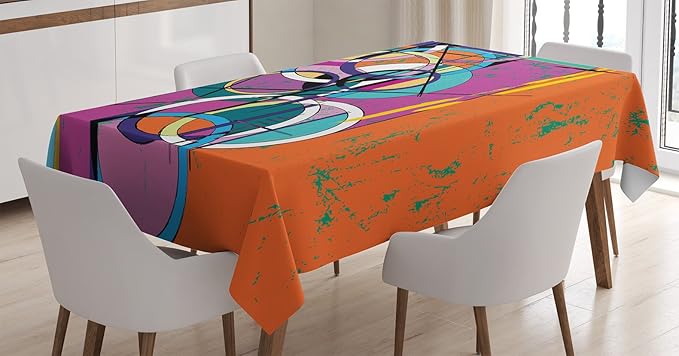 Ambesonne Modern Art Tablecloth, Unique Abstract Vertical Rectangle with Lines and Half Circle Inner Reality, Dining Room Kitchen Rectangular Table Cover, 60" X 84", Orange Blue