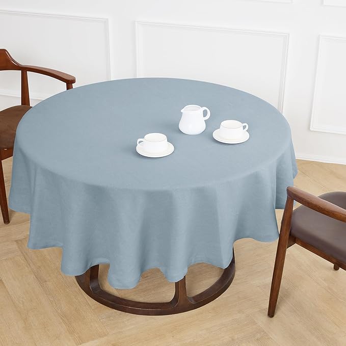 Solino Home Linen 60 Inch Round Tablecloth - 100% Pure Linen Dusty Blue Round Tablecloth - Machine Washable Table Cloth - Sonoma