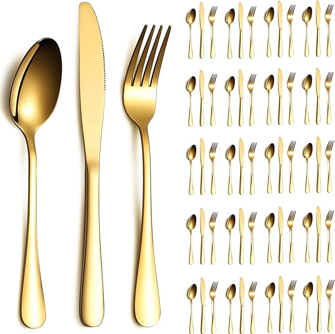 Gold Silverware Set 60 Pieces Service for 20, Stainless Steel Titanium Gold Flatware Set include Knives Spoon Forks Set, Silverware Set, Serving Utensil Set