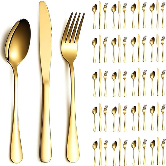 Gold Silverware Set 60 Pieces Service for 20, Stainless Steel Titanium Gold Flatware Set include Knives Spoon Forks Set, Silverware Set, Serving Utensil Set
