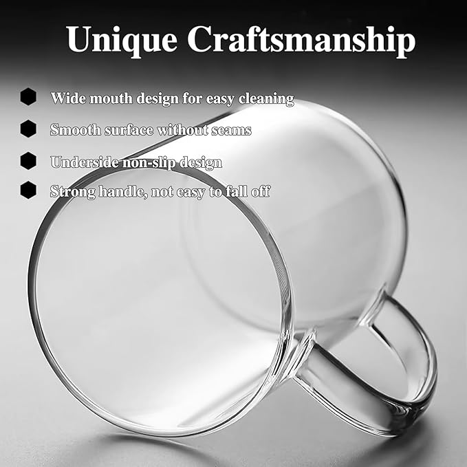 14 oz Glass Coffee Mugs Set of 4 Large Glass Coffee Cups with Anti Scald Handles,Lightweight Durable Clear Mugs for American Cappuccino Latte Tea Milk Espresso Juice Hot and Cold Beverages