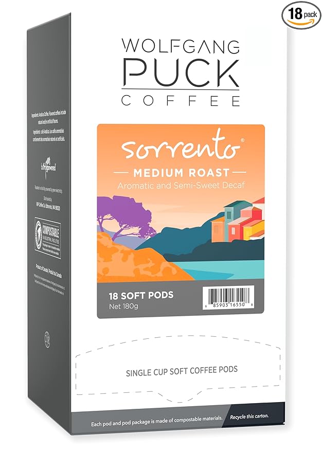 Wolfgang Puck Soft Coffee Pods, Sorrento Decaf, 9.5 Gram, 18-Count (Pack of 1)