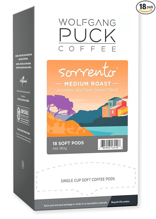 Wolfgang Puck Soft Coffee Pods, Sorrento Decaf, 9.5 Gram, 18-Count (Pack of 1)