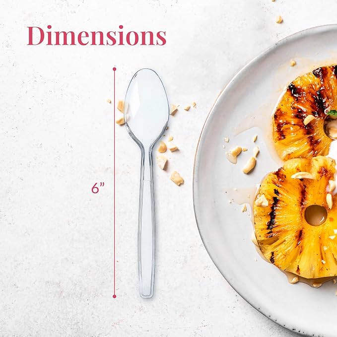 Prestee 100 Pack Clear Plastic Spoons Bulk - Heavy Duty 6" Plastic Silverware Spoons for Weddings, Parties and Catering Events - Heat-Resistant Utensils Disposable Spoons for Hot and Cold Food