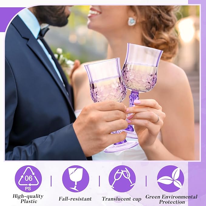 Pinkunn 12 Pcs 7 oz Plastic Vintage Wine Glasses Reusable Colored Goblets Patterned Drinking Water Glasses Cup Dishwasher Safe for Christmas Wedding Reception Party Supplies (Purple)