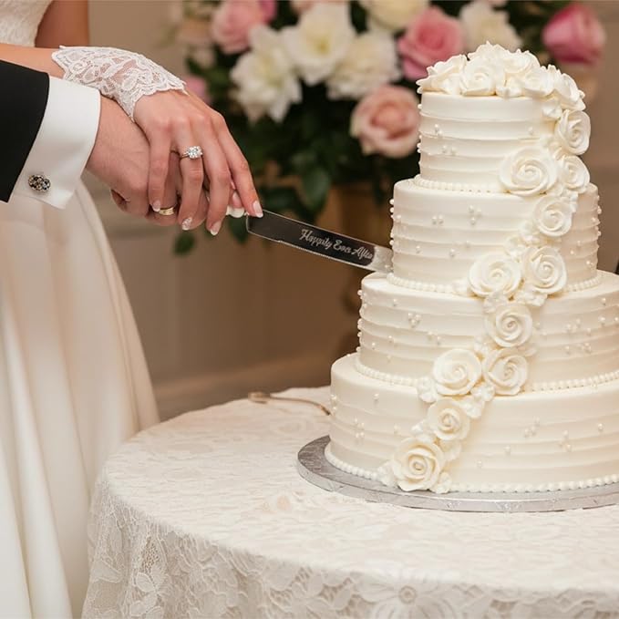 4 Piece Wedding Cake Cutting Set, Knife and Server with Forks, Elegant Wedding Cake Knife and Server Set for Bride and Groom(Pearl Handle Silver)