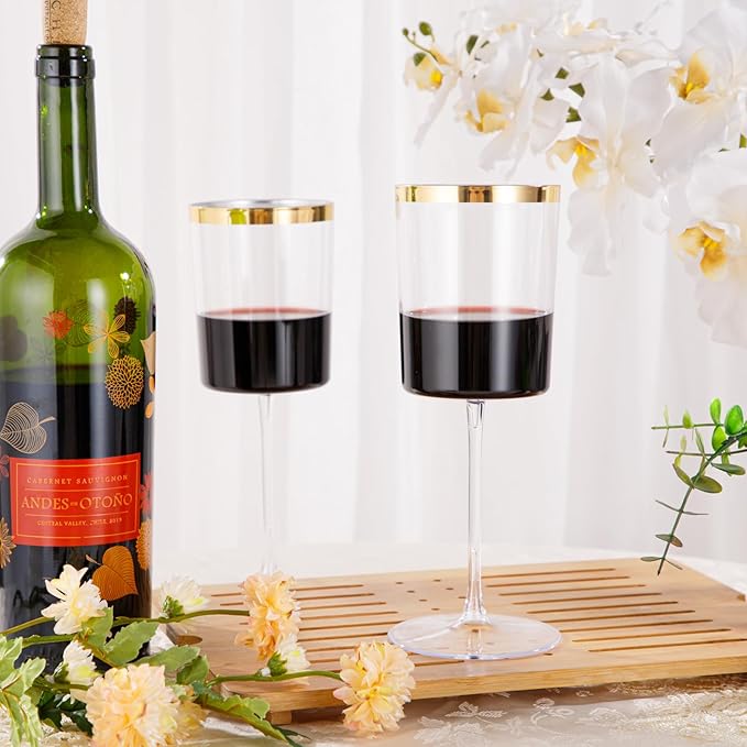Ciaell 12 Pack Plastic Wine Glasses - 14 Oz Plastic Wine Glasses with Stem - Square Gold Disposable Stemmed Glass for Parties & Weddings & Outdoors & Christmas & New Year